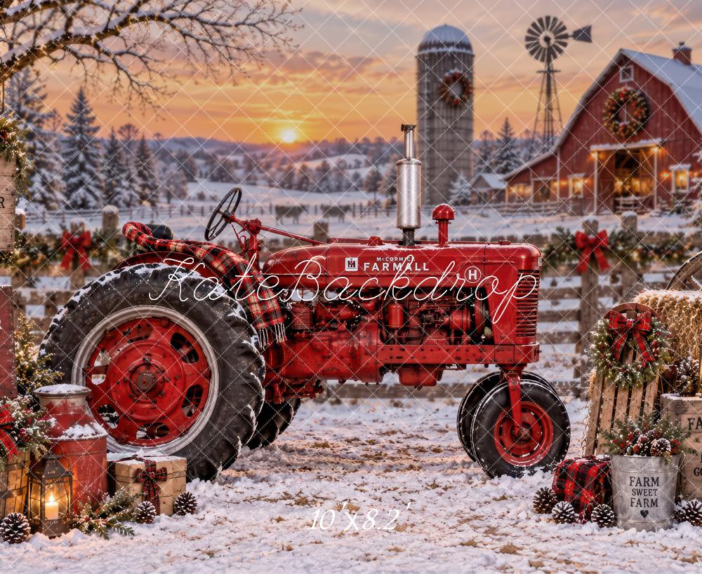 Kate Christmas Red Tractor Snowy Farm Rustic Printed Backdrop Designed by Laura Bybee