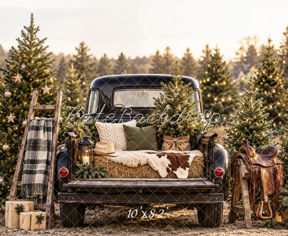 Kate Christmas Vintage Black Truck Pine Trees Ladder Saddle Printed Backdrop Designed by Emetselch