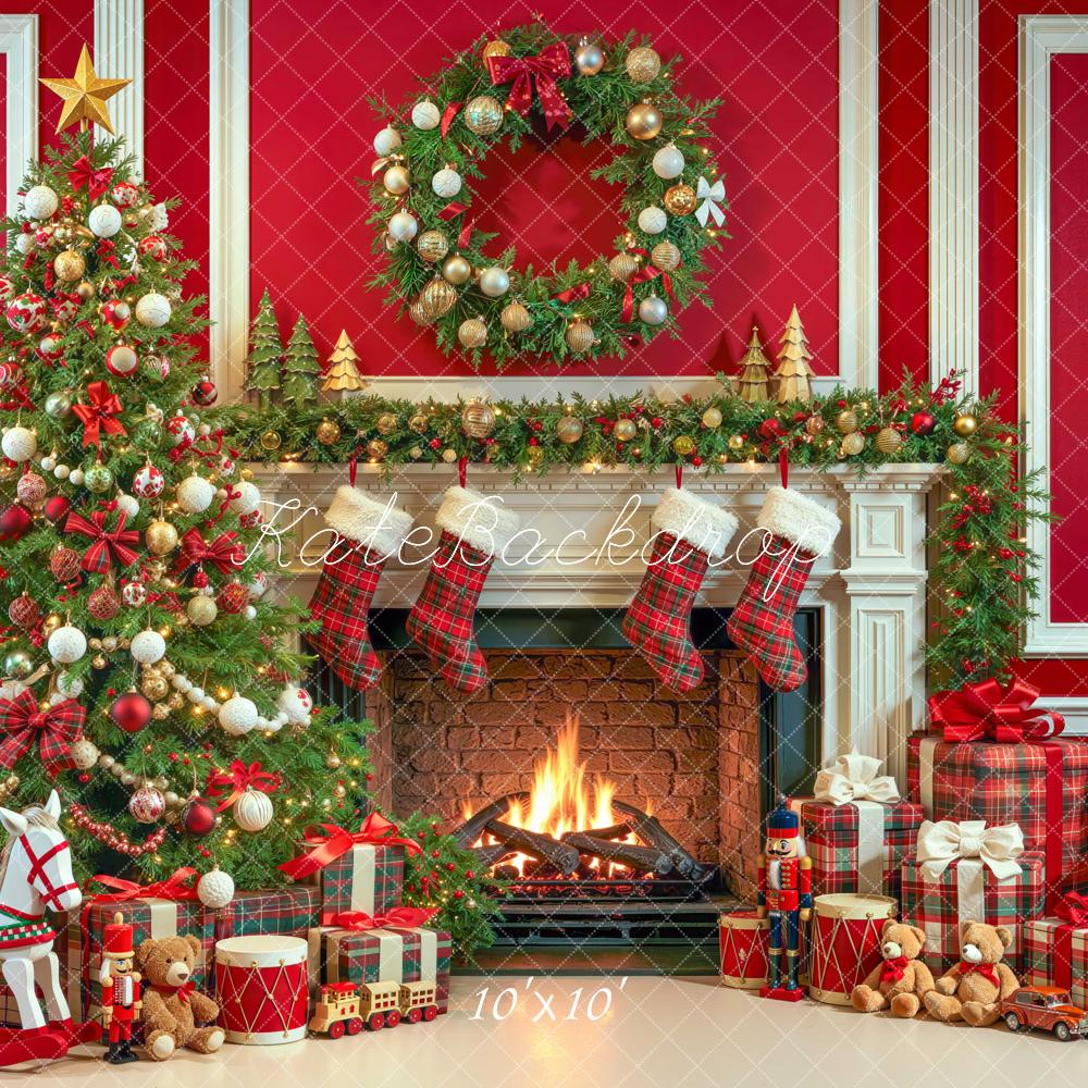 Kate Christmas Red Fireplace Christmas Tree Wreath Plaid Printed Backdrop Designed by Mini MakeBelieve