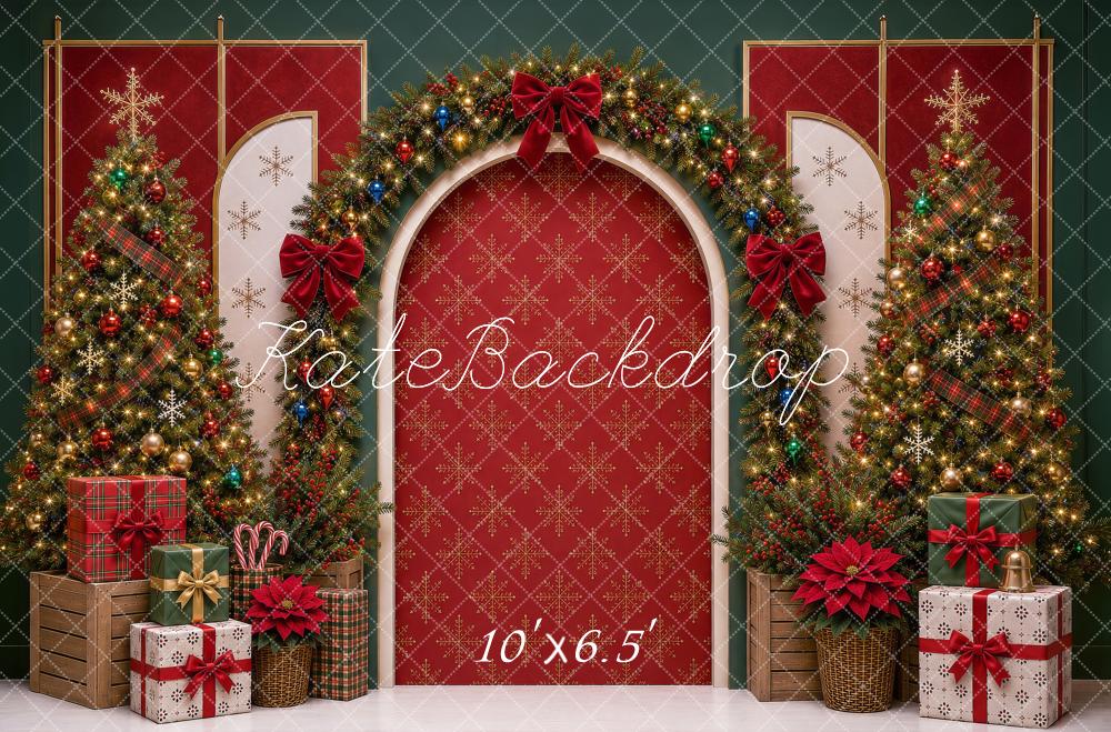 Kate Christmas Red Arch Garland Trees Presents Bow Printed Backdrop Designed by Shutter Swan Studios