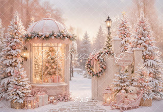 Kate Christmas Pink Gazebo Snowy Christmas Trees Gifts Sleigh Printed Backdrop Designed by Emetselch