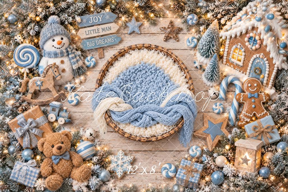 Kate Christmas Newborn Pastel Blue Baby Basket Snowman Printed Backdrop Designed by Laura Bybee