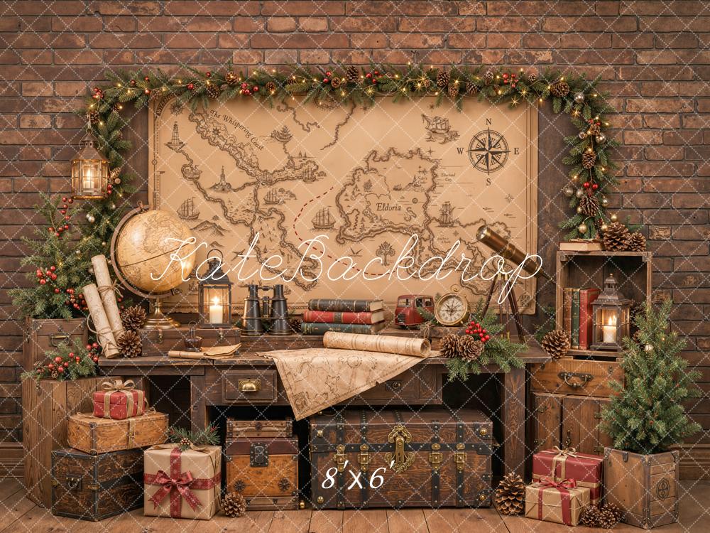 Kate Christmas Vintage Study Map Globe Garland Gifts Printed Backdrop Designed by Emetselch