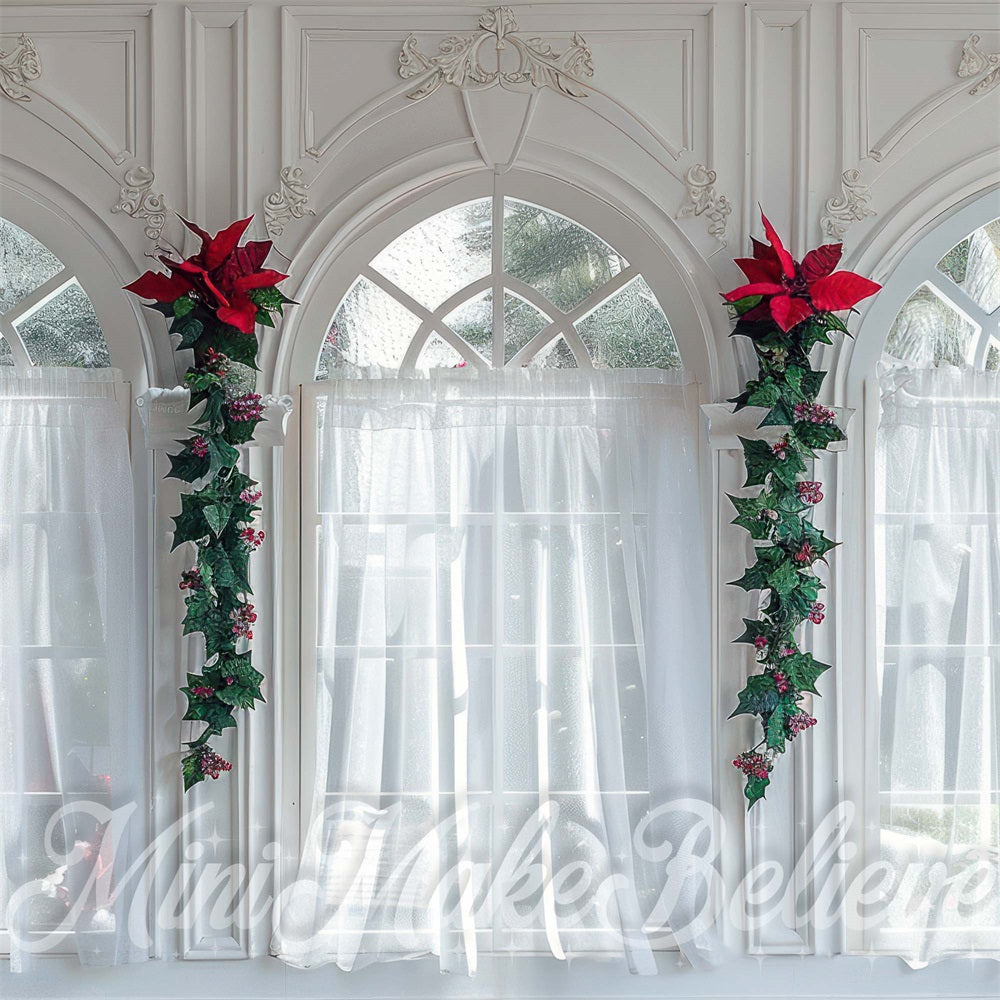 Kate Christmas White Curtain Vintage Floral Arched Window Backdrop Designed by Mini MakeBelieve