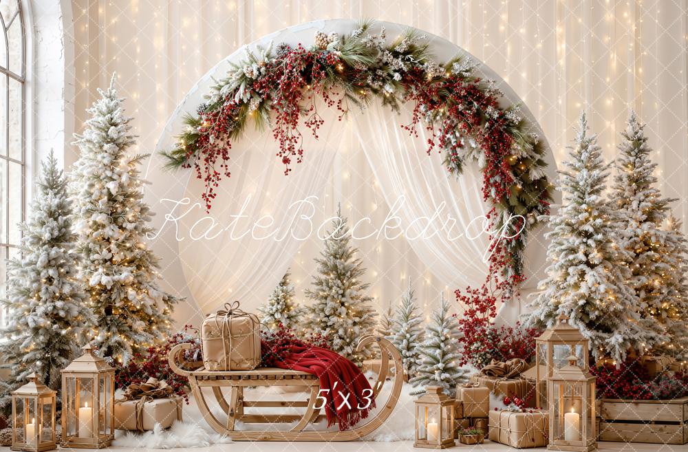 Kate Christmas White Circle Arch Drapes Sleigh Trees Lanterns Printed Backdrop Designed by Emetselch
