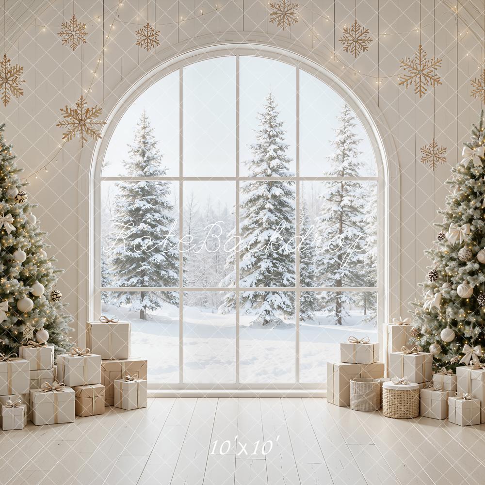 Kate Christmas Trees Snowy Arched Window Snowflakes Presents Printed Backdrop Designed by Emetselch