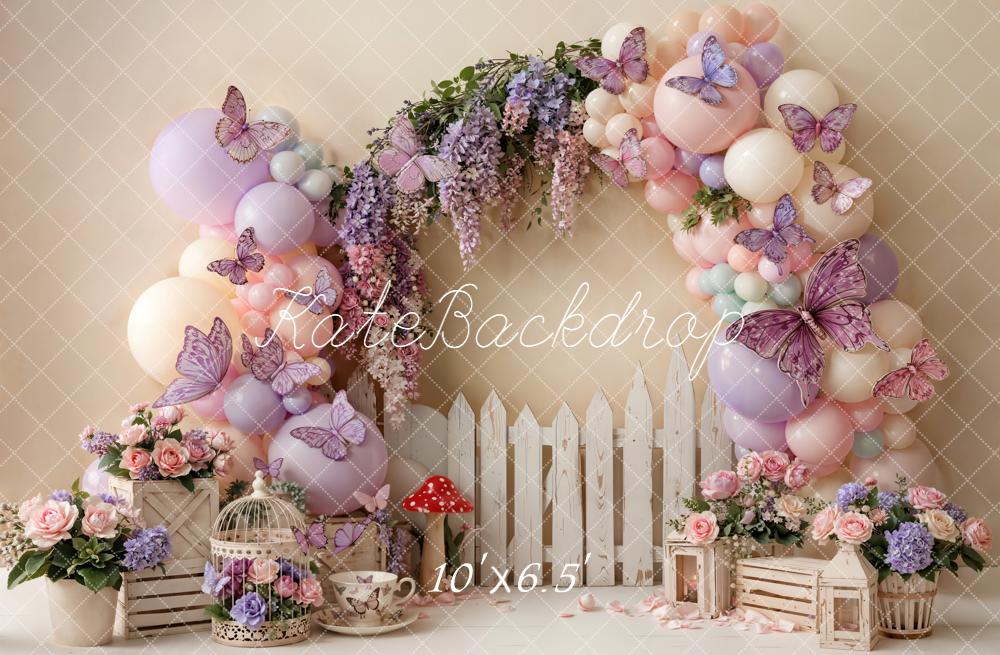 Kate Spring Flower Arch Balloons Butterflies Picket Fence Backdrop Designed by Emetselch