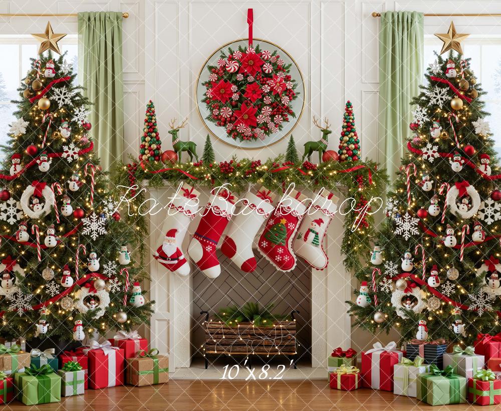 Kate Christmas Trees Snowman Fireplace Stockings Gifts Wreath Printed Backdrop Designed by Mini MakeBelieve