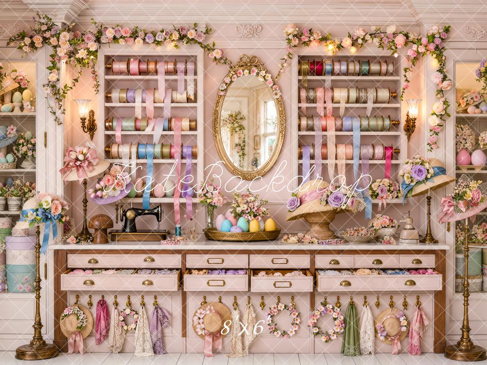 Kate Easter Bonnet Shop Pink Floral Ribbon Printed Backdrop Designed by Patty Roberts
