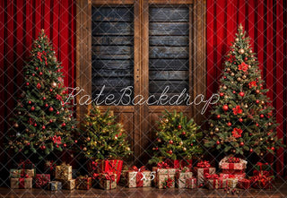 Kate Christmas Tree Red Curtain Gray Wooden Wall Printed Backdrop Designed by Emetselch