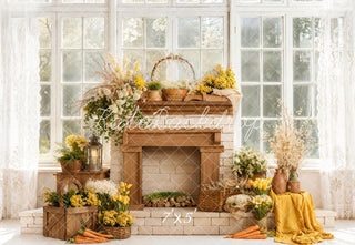 Kate Spring Easter Yellow Flowers Fireplace Window Sunlight Printed Backdrop Designed by Emetselch