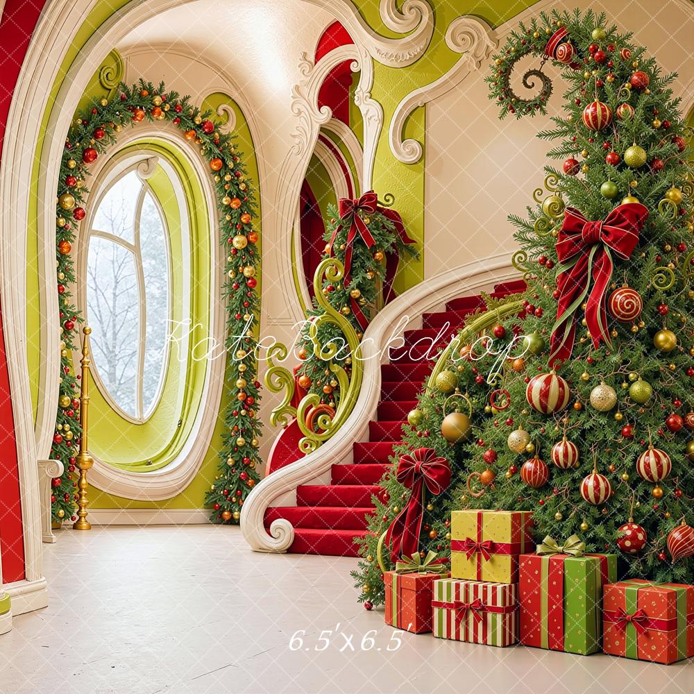Kate Christmas Cascading Stairs Elf Hallway Tree Printed Backdrop Designed by Shutter Swan Studios