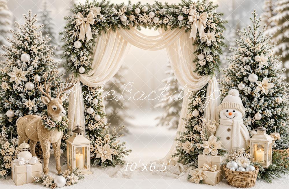 Kate Christmas Trees Floral Arch Reindeer Snowman Snowy Printed Backdrop Designed by Emetselch