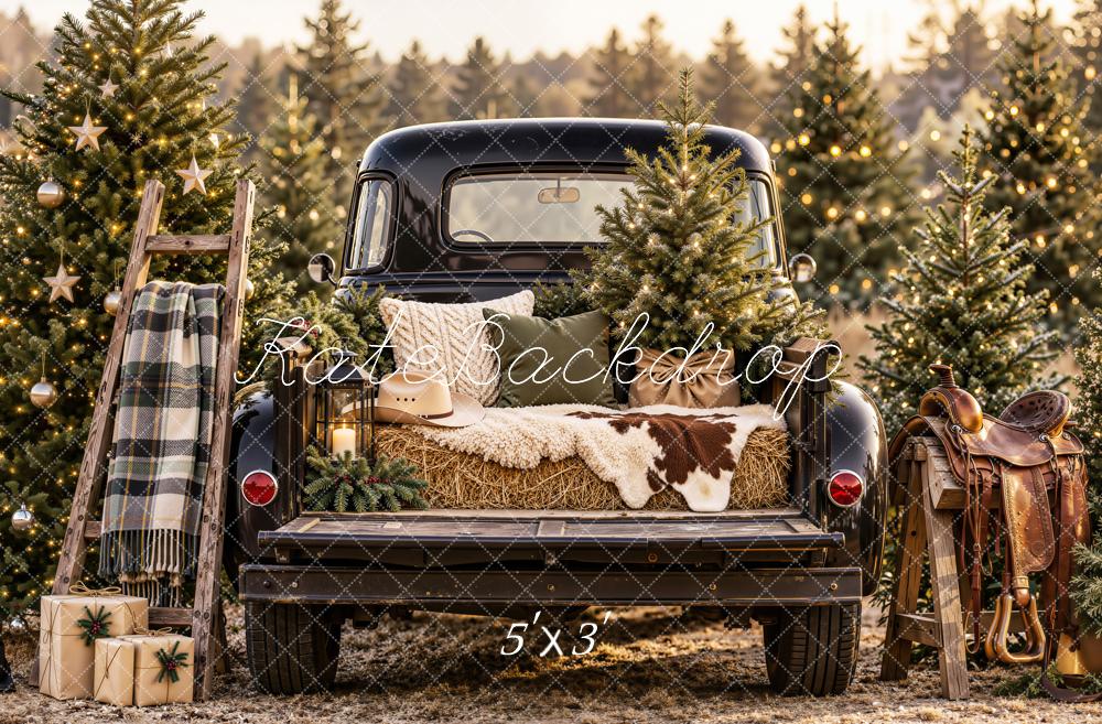 Kate Christmas Vintage Black Truck Pine Trees Ladder Saddle Printed Backdrop Designed by Emetselch