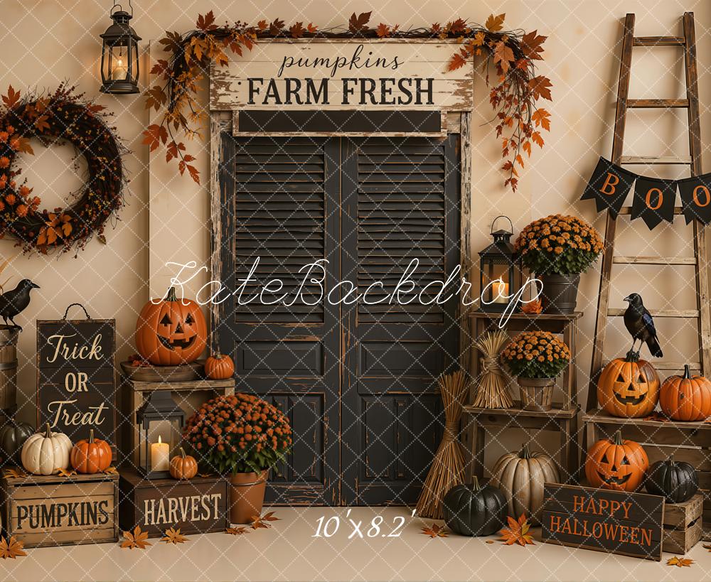 Kate Halloween Black Door Pumpkin Farm Harvest Ladder Printed Backdrop Designed by Emetselch