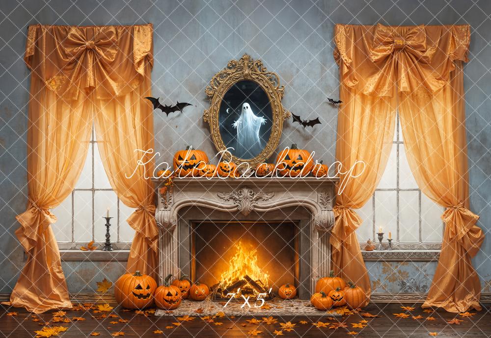 Kate Halloween Pumpkin Fireplace Bow Curtains Ghost Mirror Backdrop Designed by Emetselch