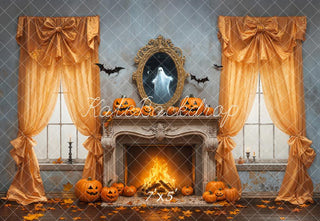 Kate Halloween Pumpkin Fireplace Bow Curtains Ghost Mirror Printed Backdrop Designed by Emetselch