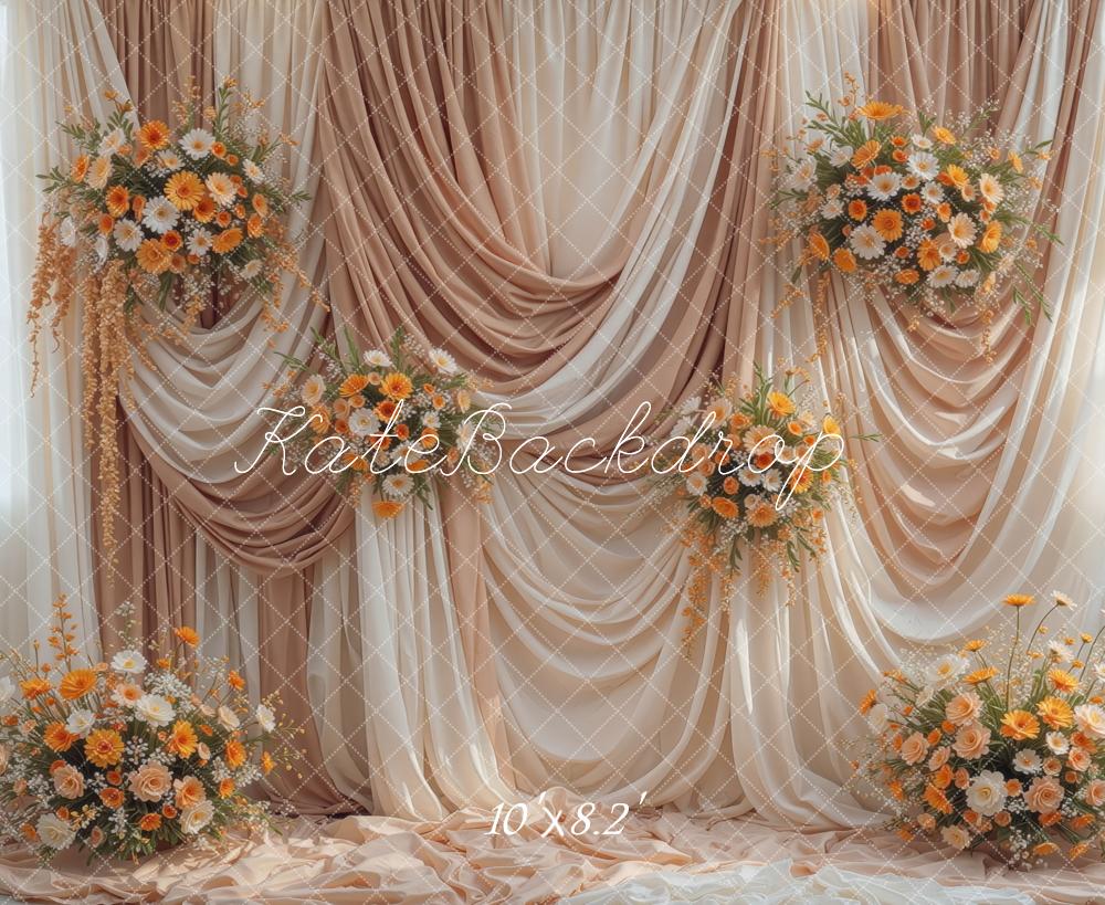 Kate Fall Beige Draped Curtains Orange Flower Printed Backdrop Designed by Mini MakeBelieve