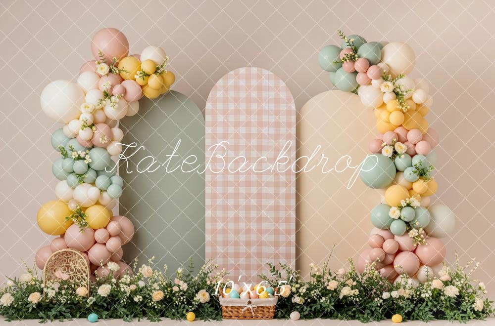 Kate Easter Pastel Balloon Flower Arch Gingha Basket Printed Backdrop Designed by Patty Roberts