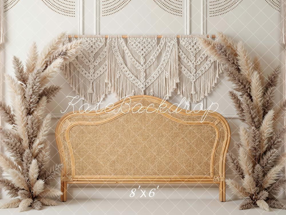 Kate Boho Macrame Rattan Headboard Pampas Grass Printed Backdrop Designed by Mini MakeBelieve