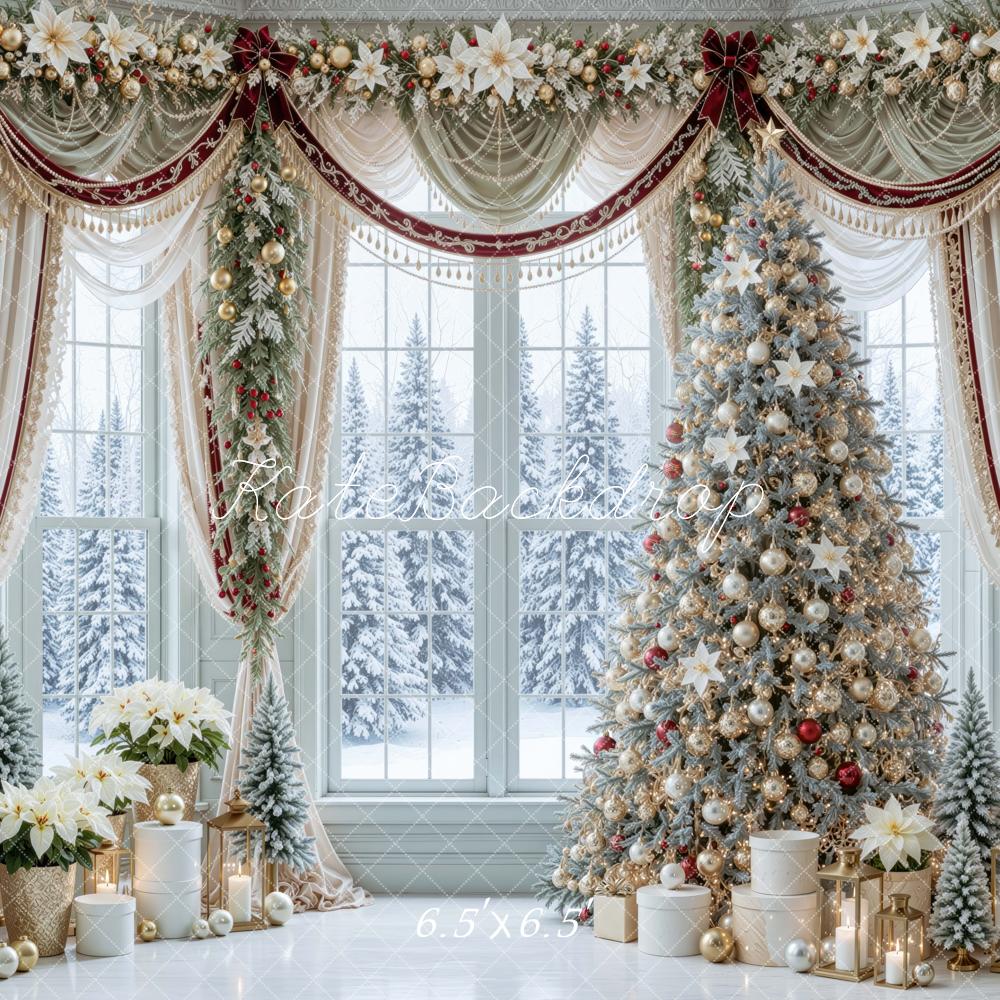Kate Christmas Tree Window Luxury Drapery Poinsettia Printed Backdrop Designed by Mini MakeBelieve
