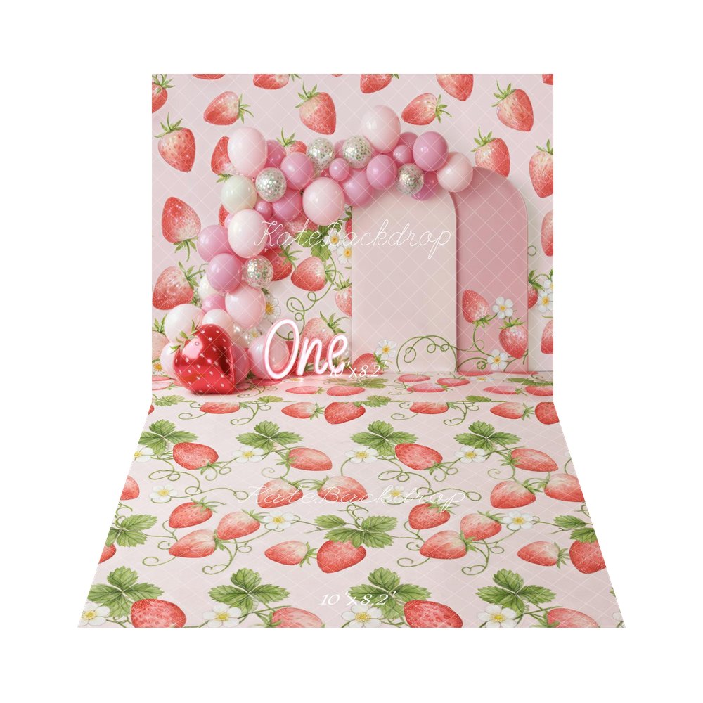 TEST Kate Cake Smash Strawberry Balloon Arch Pink Panels Backdrop+Strawberry Vine Leaves Flowers Pink Backdrop