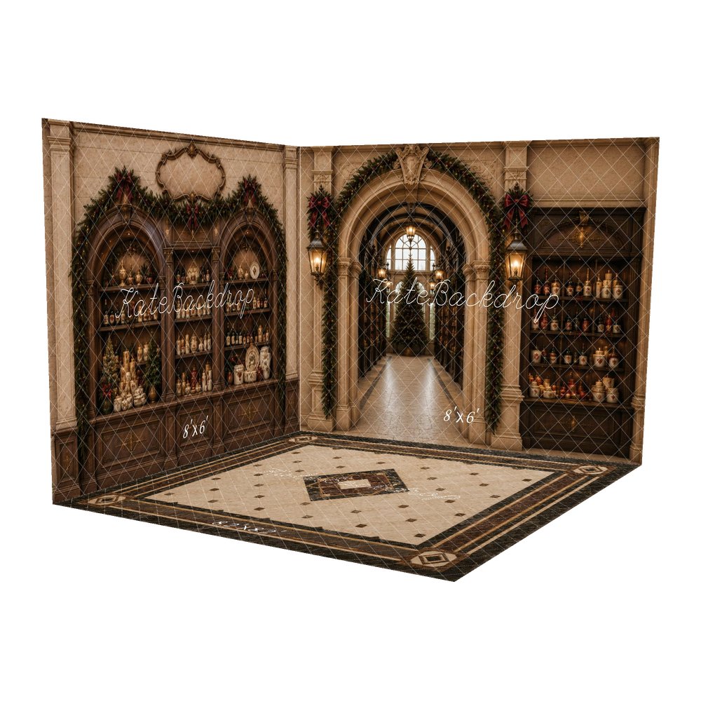 Kate Christmas Archway Garland Tree Candle Retro Wood Cabinet Printed Backdrop Room Set