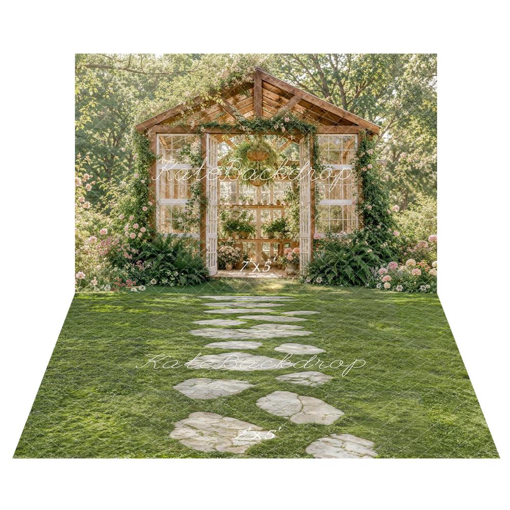 Kate Summer Flower Arch Greenhouse Garden Printed Backdrop+Stone Pathway on Green Grass Printed Backdrop