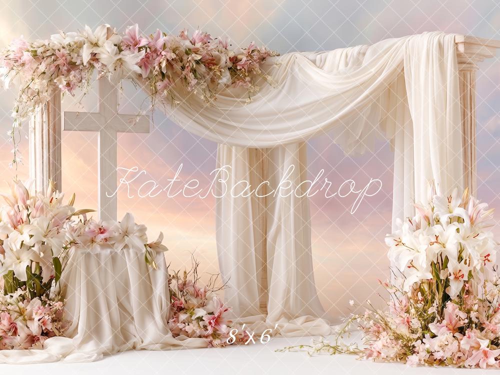 Kate Church Stage Cross Lillies Wedding Flower Arch Draped Columns Printed Backdrop Designed by Angela Miller