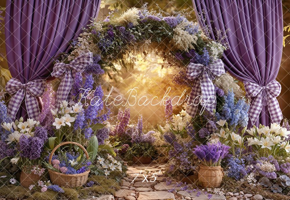 Kate Spring Flower Arch Purple Curtains Baskets Backdrop Designed by Emetselch