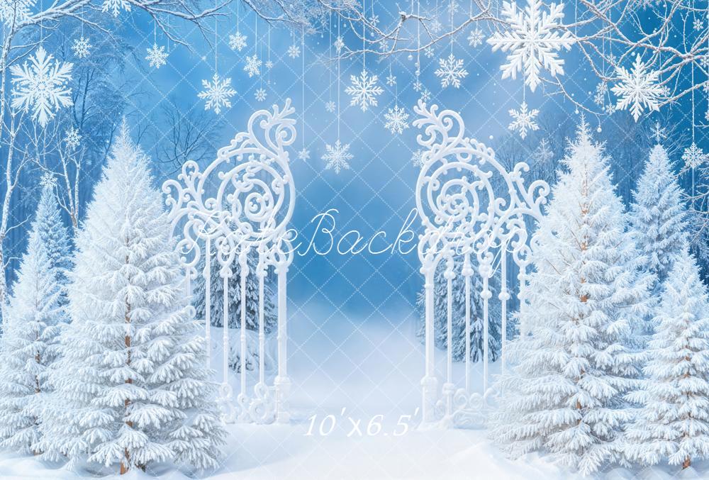 Kate Winter Snowflake White Gate Pine Trees Backdrop Designed by Emetselch