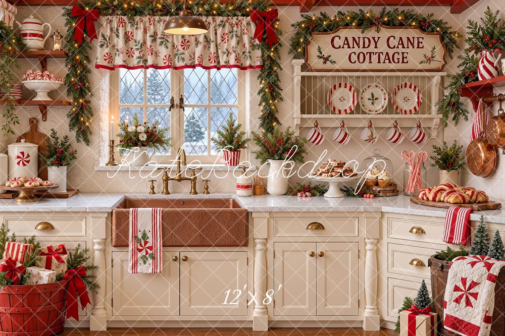 Kate Christmas Kitchen Cottage Candy Cane Rustic Window White Printed Backdrop Designed by Shutter Swan Studios