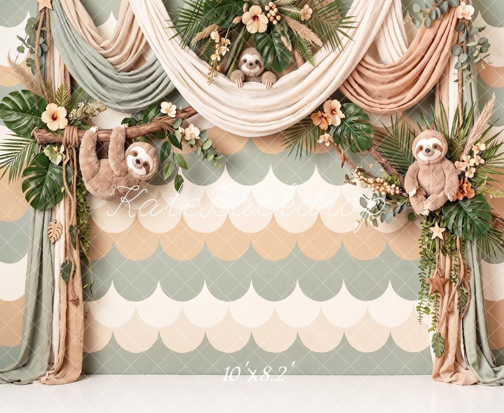 Kate Cake Smash Jungle Sloth Floral Drapery Printed Backdrop Designed by Angela Miller