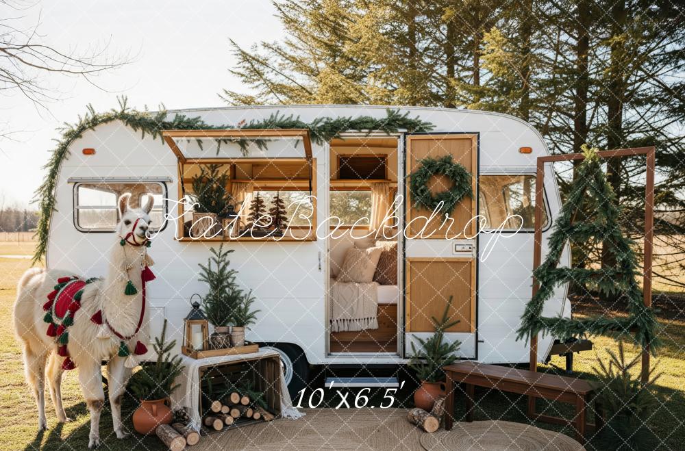 Kate Christmas Camper Llama Garland Wreath Trees Backdrop Designed by Patty Roberts