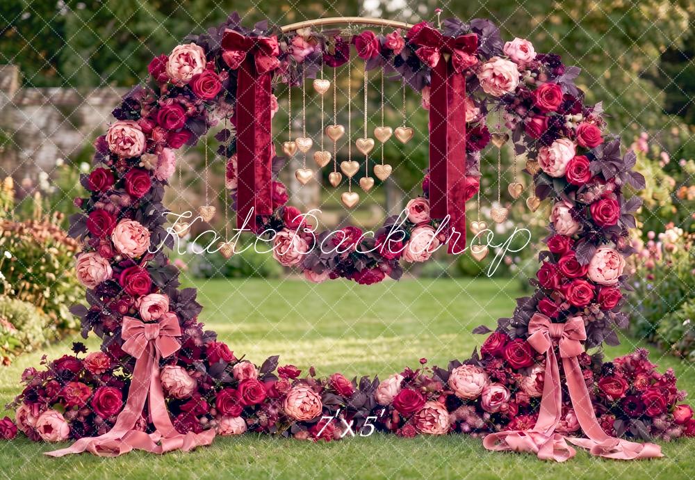 Kate Valentines Outdoor Floral Arch Hanging Hearts Garden Printed Backdrop Designed by Angela Miller
