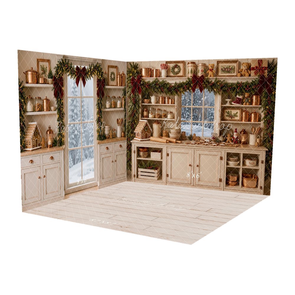 Kate Christmas White Kitchen Cabinet Garland Gingerbread Printed Backdrop Room Set