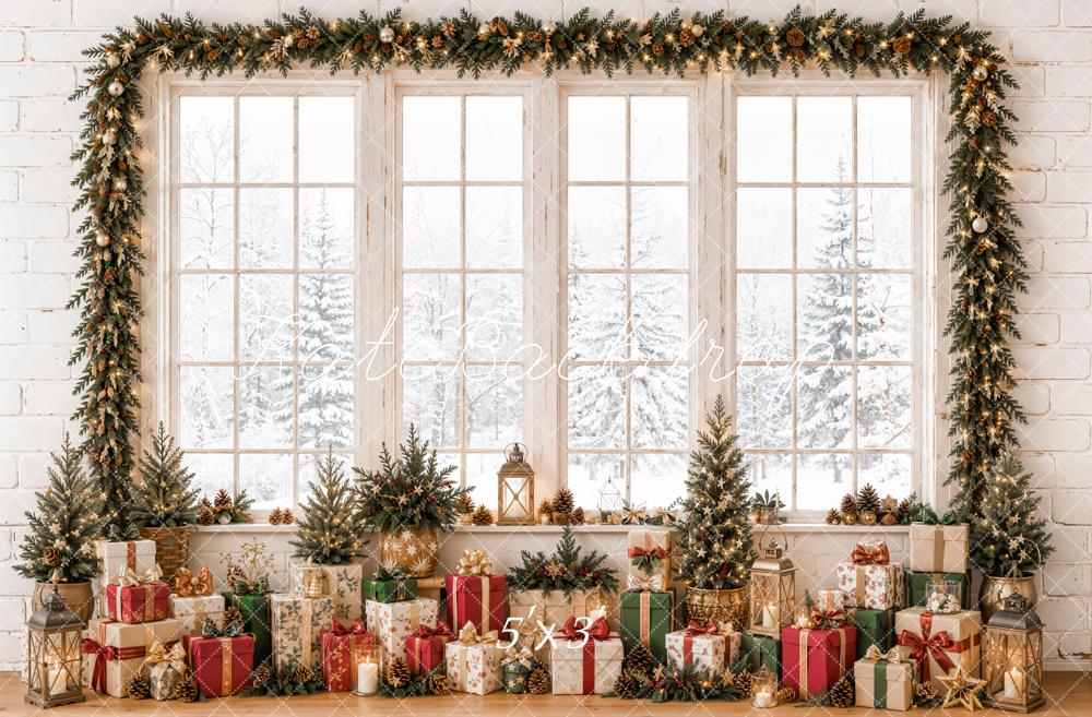 Kate Christmas Window Garland Gifts Snowy White Printed Backdrop Designed by Emetselch
