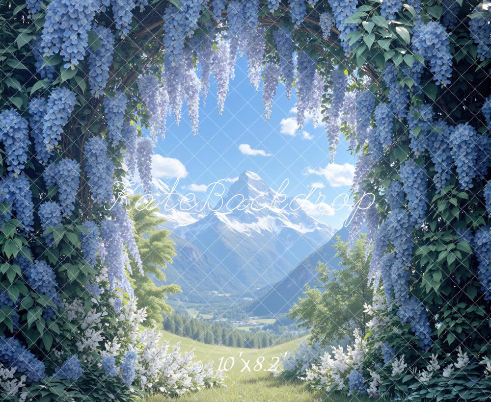 Kate Summer Blue Wisteria Flower Arch Mountain Landscape Printed Backdrop Designed by Mini MakeBelieve