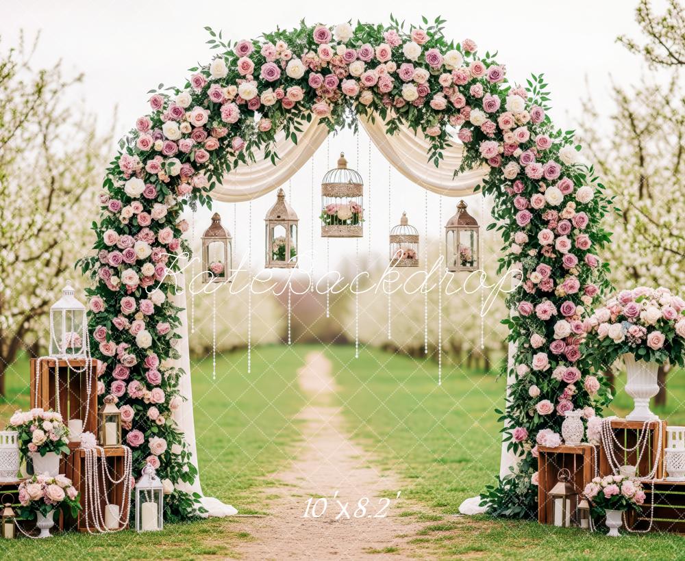 Kate Spring Flower Arch Lantern Birdcage Pink White Roses Printed Backdrop Designed by Patty Roberts