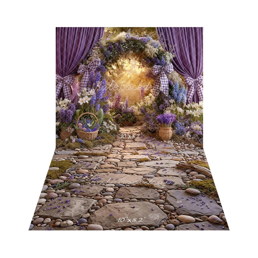 Kate Spring Flower Arch Purple Curtains Baskets Pathway Printed Backdrop+Cobblestone Path Moss Pebbles Driftwood Printed Backdrop