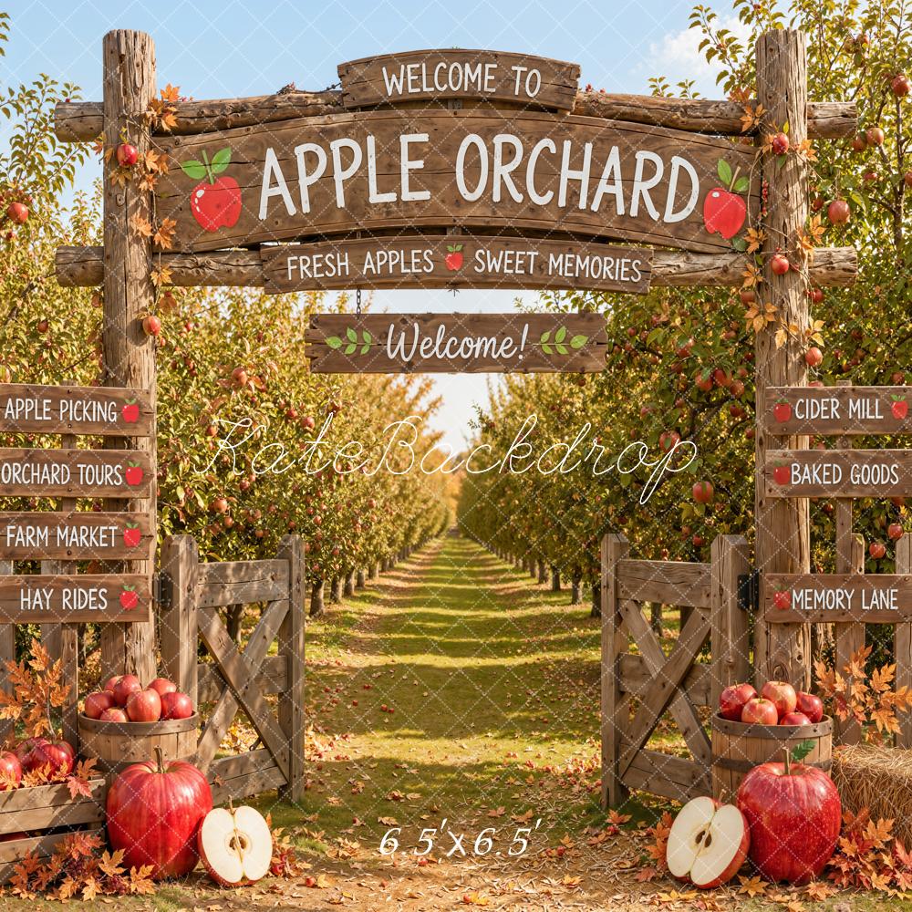Kate Fall Apple Orchard Wooden Welcome Sign Apples Printed Backdrop Designed by Emetselch