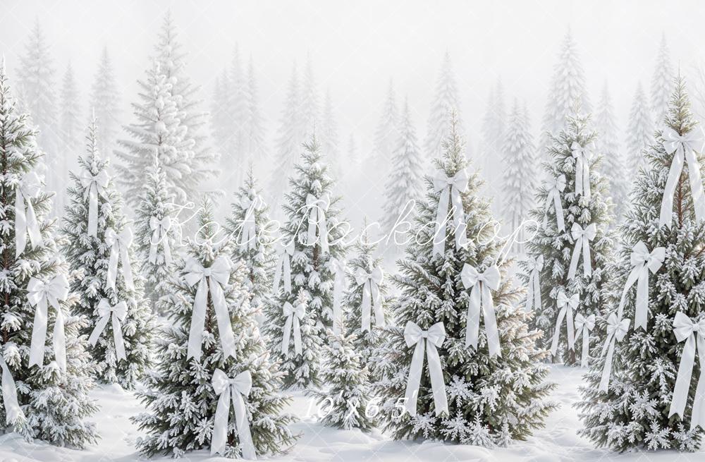 Kate Christmas Snowy Pine Trees White Bows Printed Backdrop Designed by Emetselch