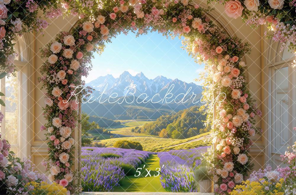 Kate Spring Flower Arch Mountain Lavender Field Backdrop Designed by Mini MakeBelieve