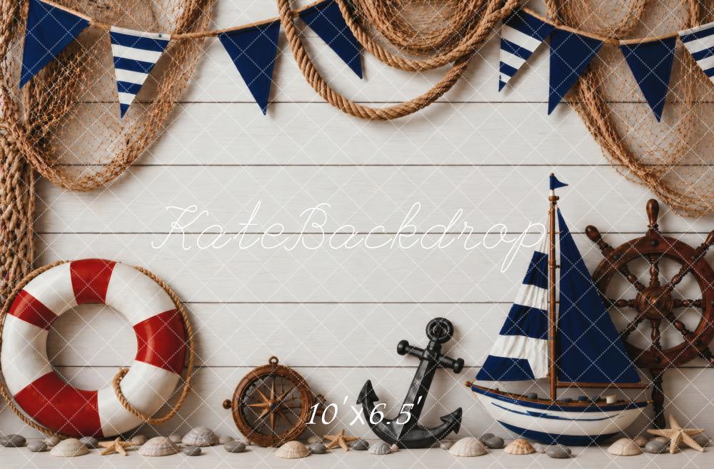 Kate Nautical Sailboat Life Ring Anchor Ship Wheel Netting Bunting Printed Backdrop Designed by Vertigo Productions