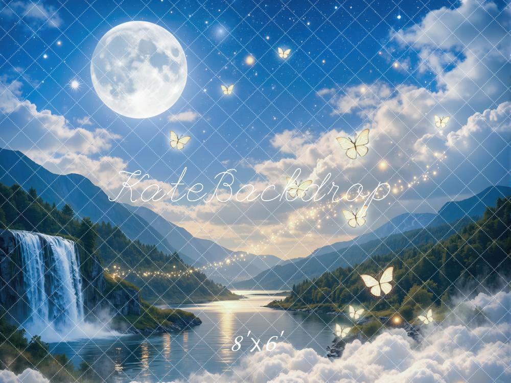 Kate Fairy Fantasy Moonlight Waterfall Butterflies Printed Backdrop Designed by Mini MakeBelieve