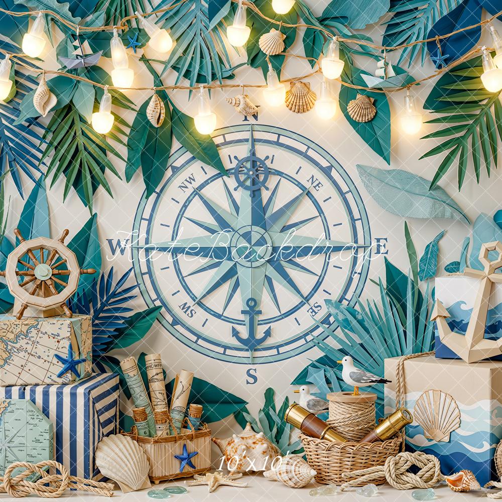 Kate Summer Nautical Compass Anchor Tropical Leaves Printed Backdrop Designed by Emetselch