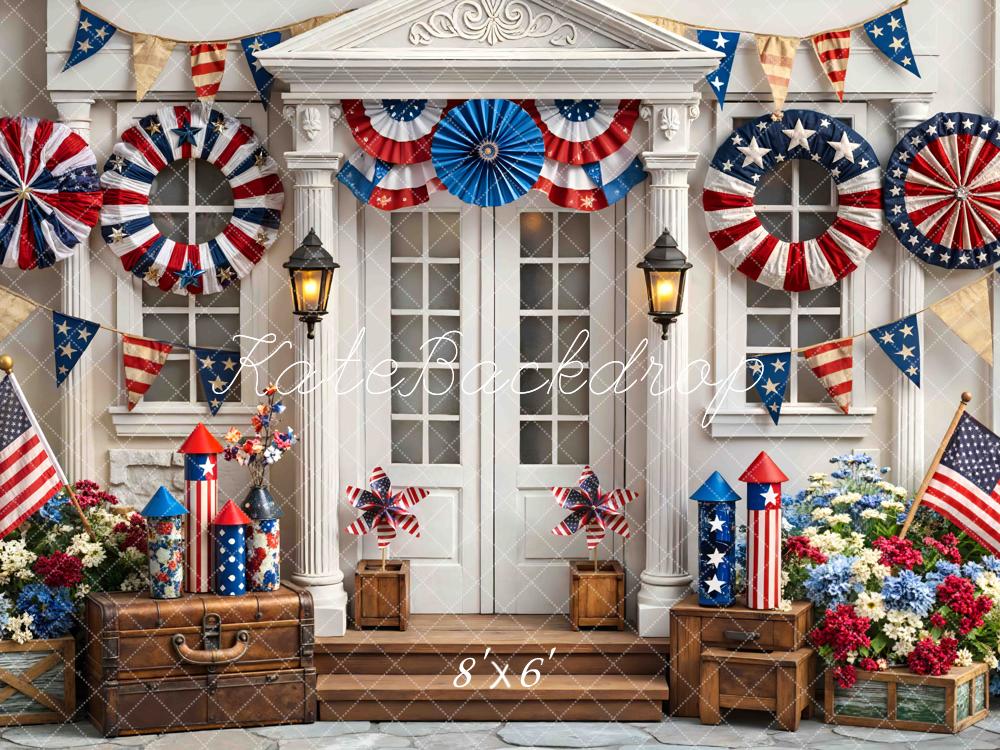 Kate Independence Day Porch Bunting Fireworks American Flags Flowers Printed Backdrop Designed by Mini MakeBelieve