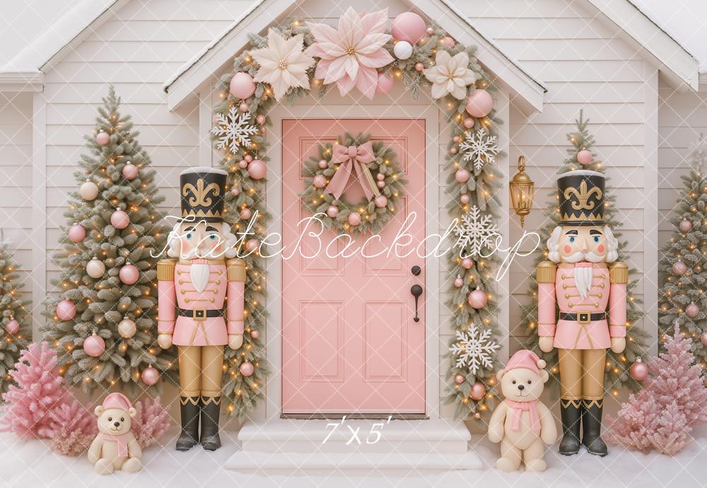 Kate Christmas Nutcracker Pink Door Wreath Trees Teddy Bear Backdrop Designed by Ashley Paul