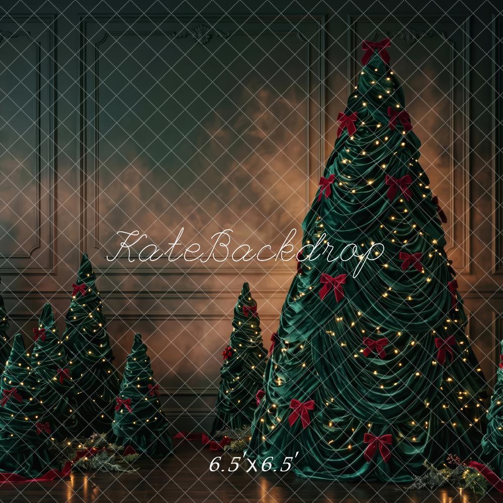 Kate Christmas Trees Dark Moody Red Bows Lights Printed Backdrop Designed by Patty Roberts