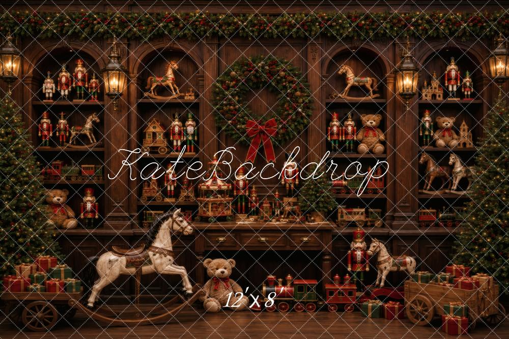 Kate Christmas Toy Shop Nutcracker Rocking Horse Wreath Printed Backdrop Designed by Vertigo Productions